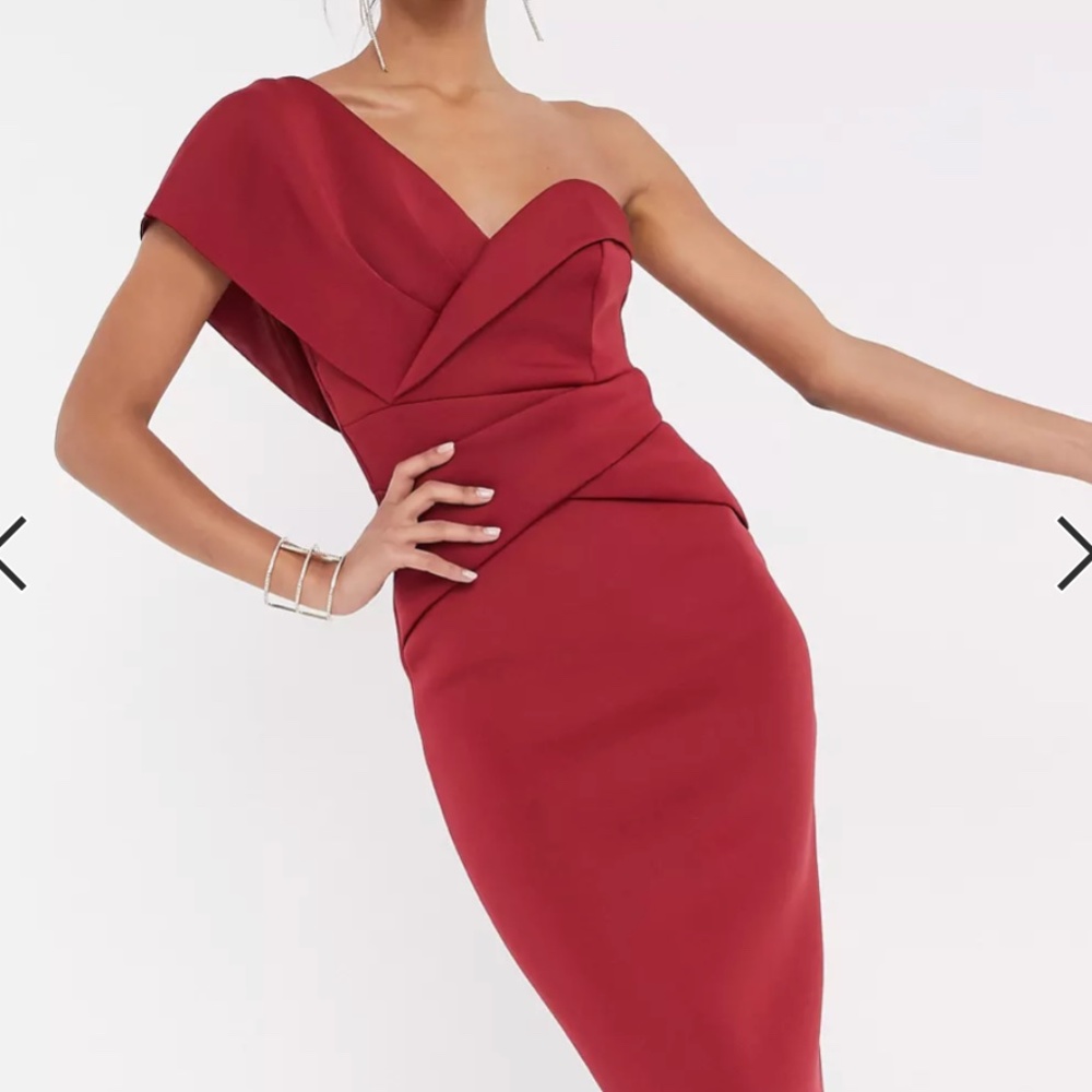 One Shoulder Cross Over Pencil Midi Dress (Oxblood/ Burgundy)